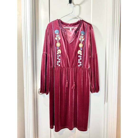 L Love Women's Velvet Floral Embroidered Dress Balloon Sleeve Burgundy‎ Size 1XL - Picture 1 of 11